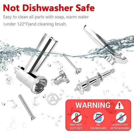 All Metal Meat Grinder Attachment Set for Stand Mixers stainless steel parts shown with warning not dishwasher safe, hand wash and dry after washing