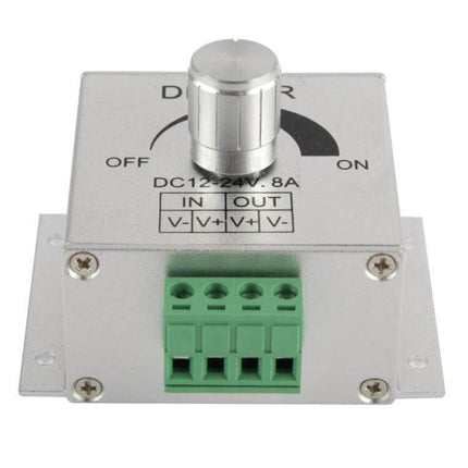 Aluminum LED Dimmer Switch For Strip Lights, Easy To Use - silver aluminum housing with rotary knob and green terminal block for DC12-24V control
