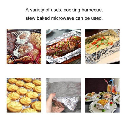 Aluminum Foil Roll 5m For Baking And Barbecue Non Toxic showing grilled meats, wrapped fish, baked goods and table servings