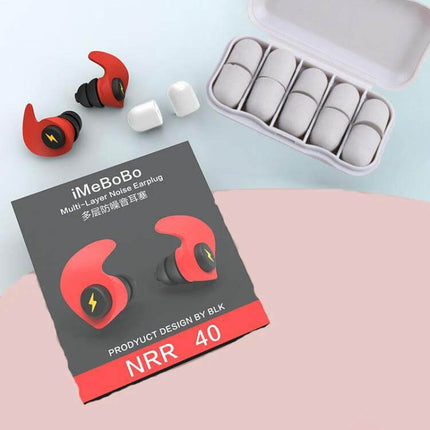 Anti-Noise Sleep Earplugs, Soft Silicone For Quiet Nights shown in red silicone multi-layer earplugs with storage case and travel pouch