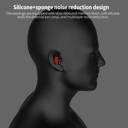 Anti-Noise Sleep Earplugs, Soft Silicone For Quiet Nights - red silicone+sponge earplug shown inserted in mannequin ear, memory foam seal for noise reduction
