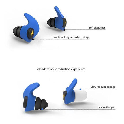 Anti-Noise Sleep Earplugs, Soft Silicone For Quiet Nights showing blue soft silicone, sponge and elastomer design for washable reusable noise reduction