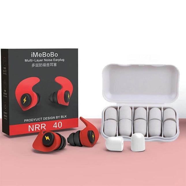 Anti-Noise Sleep Earplugs, Soft Silicone For Quiet Nights red silicone earplugs with case showing washable multi-material design