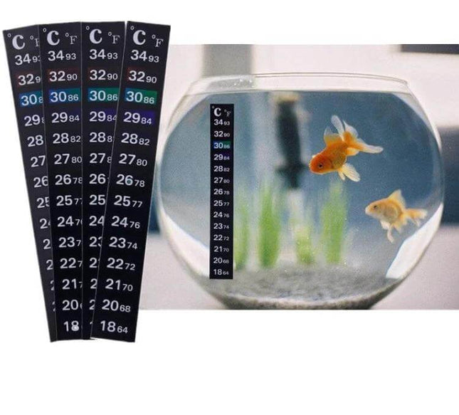 Aquarium Digital Thermometer Sticker 13 Cm Length Indoor Use attached to fishbowl showing digital temperature readout for indoor tanks