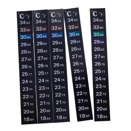 Aquarium Digital Thermometer Sticker 13 Cm Length Indoor Use on black adhesive strip with color-changing temperature bands