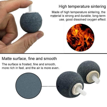 Aquarium Oxygen Bubble Stone Set With Assorted Sizes 3 to 13 cm - frosted ceramic aeration stones shown in hand and close-up, matte surface resists algae