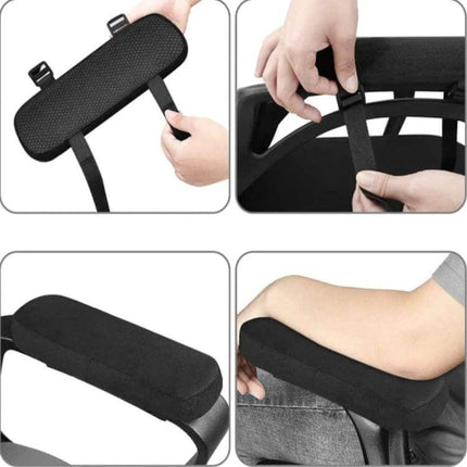 Armrest Pads For Office Chair Removable Cushion For Daily Use - black memory foam armrest pads with straps shown installed and in use