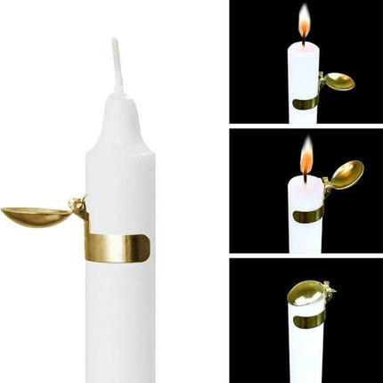 Automatic Candle Extinguisher Gold for Everyday Candle Use - gold stainless steel automatic wick snuffer placed on white candle, shows flame out