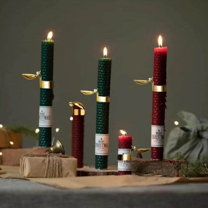 Automatic Candle Extinguisher Gold for Everyday Candle Use - gold electroplated stainless steel candle snuffer clipped to lit pillar candles for smoke-free extinguishing