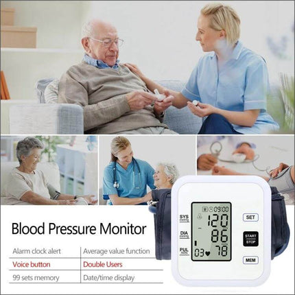 Automatic Digital Upper Arm Blood Pressure Monitor For Home Use large LCD cuff showing BP readings with caregiver and senior at-home monitoring