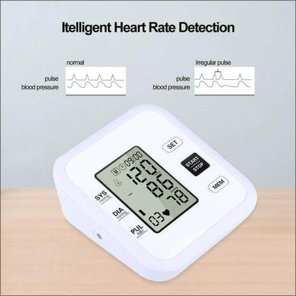 Automatic Digital Upper Arm Blood Pressure Monitor For Home Use white monitor with large LCD showing blood pressure, pulse, and heart rate detection