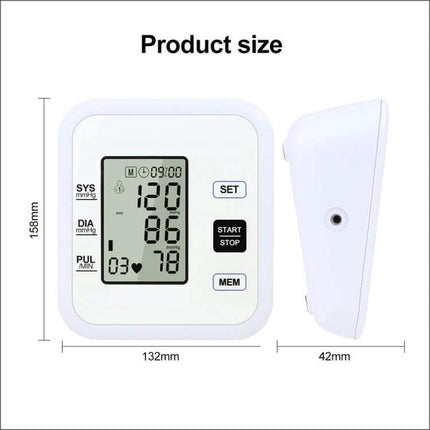 Automatic Digital Upper Arm Blood Pressure Monitor For Home Use white unit showing large LCD readings and dimensions (132x158x42mm)