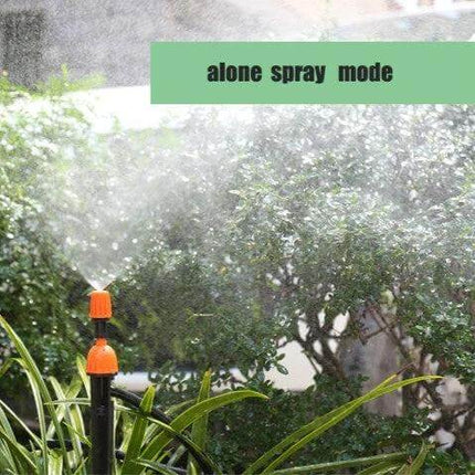 Automatic Garden Watering Device For MicroSpray Irrigation orange plastic hose splitter spraying mist over greenhouse plants
