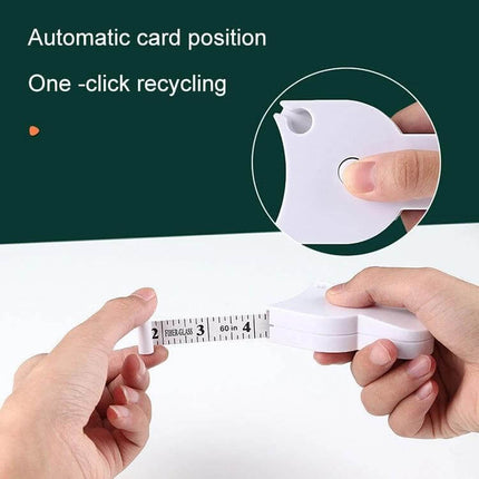 Automatic Precision Waist Measurement Ruler With One Click Reset showing hands extending tape and one-click reset button for sewing, gym, and alterations