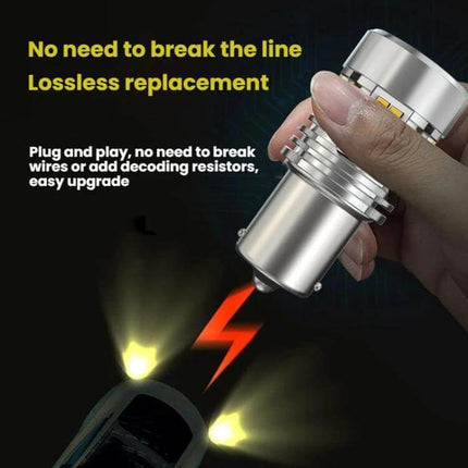 Automotive LED Turn Signal Light With Fan For Cars held above car showing plug-and-play replacement with aluminum housing and cooling fan