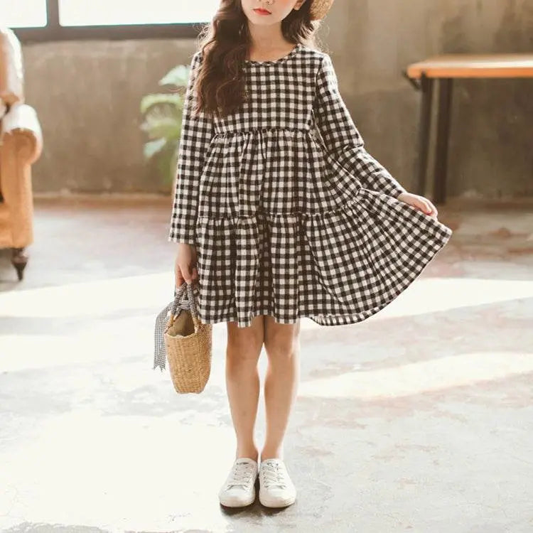 Autumn Girl Cotton Lattice Bow-knot Tie Dress 110cm to 160cm