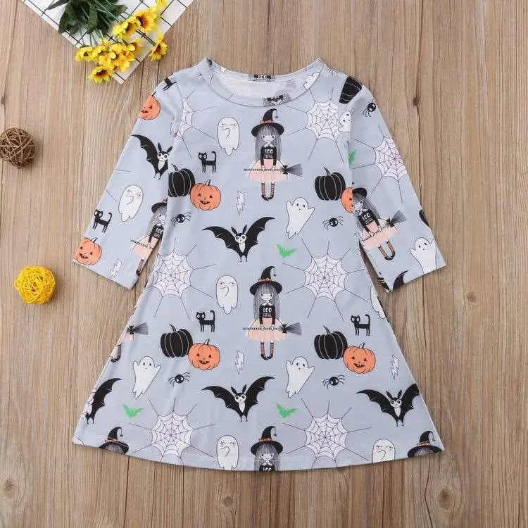 Autumn Girls Cartoon Halloween Print Long Sleeve Dress 90cm to 130cm