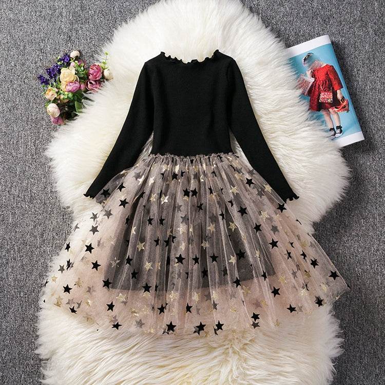 Autumn Girls Star Pattern Lace Sequins Long Sleeve Tutu Dress