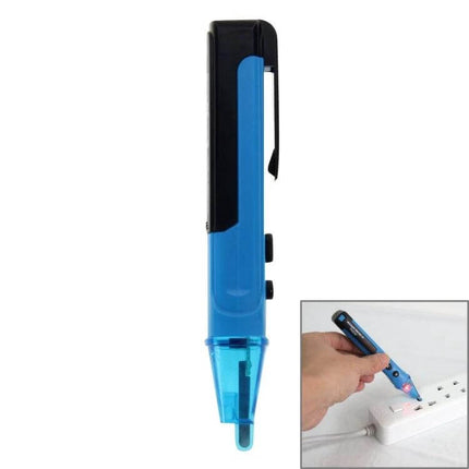AVDO3 Non-Contact AC Voltage Detector, 12V-1000V Range - blue pen-style tester with red LED indicating live outlet, non-contact voltage detection