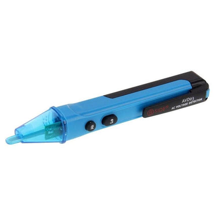 AVDO3 Non-Contact AC Voltage Detector, 12V-1000V Range blue pen-style tester showing tip, buttons and red LED for non-contact voltage detection