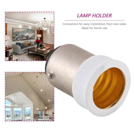 B15 to E14 Lamp Bulb Adapter Converter for Home Lighting - metal and ceramic adapter shown with living room and ceiling fixture examples
