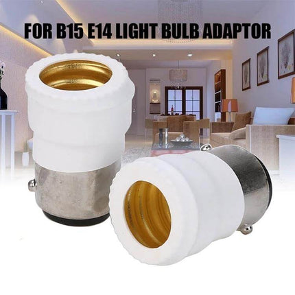 B15 to E14 Lamp Bulb Adapter Converter for Home Lighting showing two white adapters in a living room setting