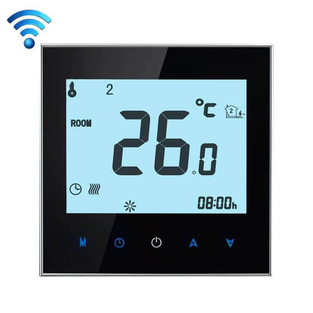 WiFi Room Thermostat With Sensor For Home Heating Systems - BHT-1000 wall-mounted touchscreen display showing 26°C and WiFi icon