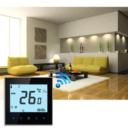 WiFi Room Thermostat With Sensor For Home Heating Systems controlling underfloor and boiler heating in modern living room with WiFi icon