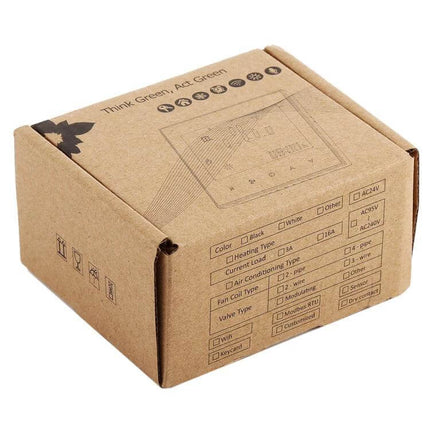 WiFi Room Thermostat With Sensor For Home Heating Systems in eco-friendly cardboard packaging showing product sketch and specs
