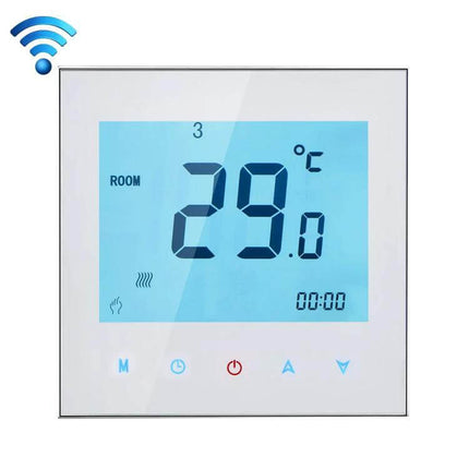 WiFi Room Thermostat With Sensor For Home Heating Systems - BHT-1000 digital wall thermostat with blue LCD, 29°C display, WiFi icon, touch controls