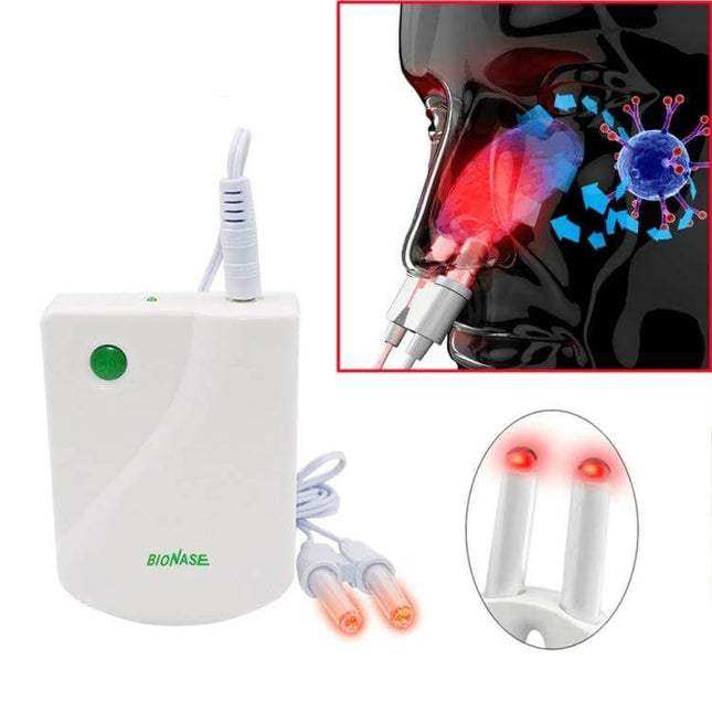 BIONASE Nose Care Therapy Machine For Nasal Relief White compact white unit with dual LED nose probes shown in use