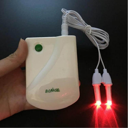 BIONASE Nose Care Therapy Machine For Nasal Relief White compact device with two red LED probes and green power button