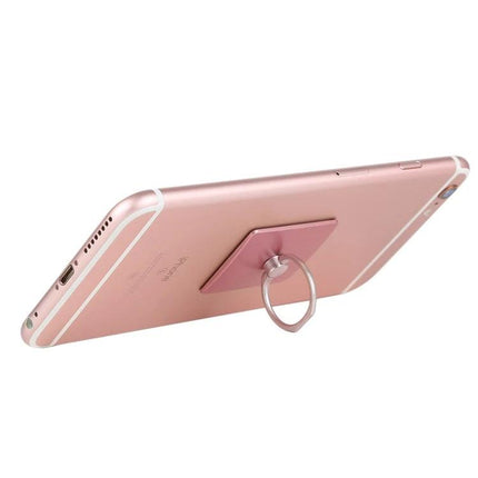 Compact Ring Buckle Cell Phone Holder for Hands-Free Use attached to rose gold phone showing ring kickstand