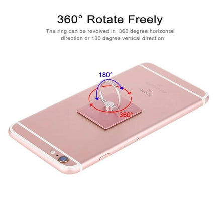 Compact Ring Buckle Cell Phone Holder for Hands-Free Use showing rose gold phone with 360° rotate ring and 180° tilt