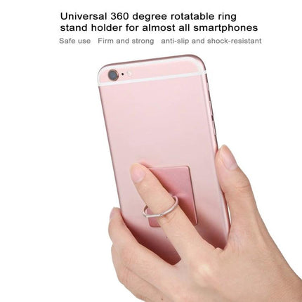 Compact Ring Buckle Cell Phone Holder for Hands-Free Use attached to rose gold smartphone showing 360° rotatable ring for secure, hands-free viewing