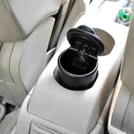 KANEED Universal Detachable Car Ashtray for Cup Holders placed in car cup holder showing open lid and compact design