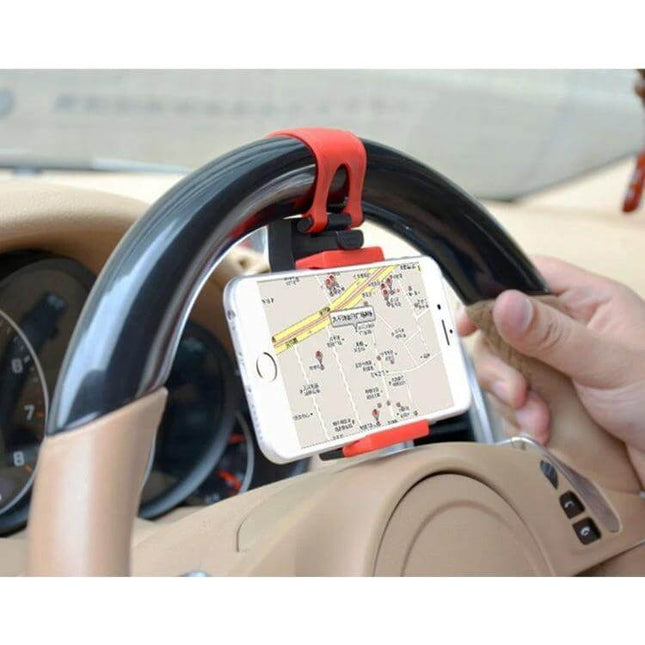 Universal Steering Wheel Phone Mount for Smartphones and Devices attached to steering wheel holding smartphone with GPS map