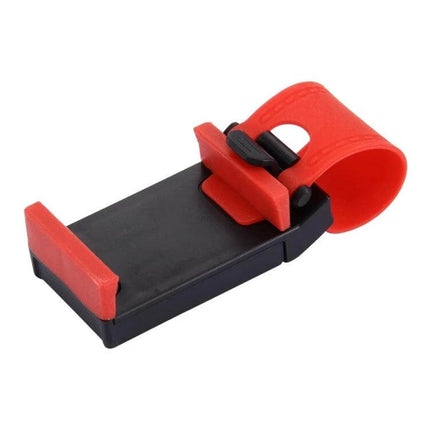 Compact red and black Universal Steering Wheel Phone Mount for Smartphones and Devices securely attached to steering wheel for hands-free GPS use