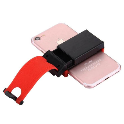 Universal Steering Wheel Phone Mount for Smartphones and Devices securely holds a smartphone on a steering wheel with red strap and black clamp