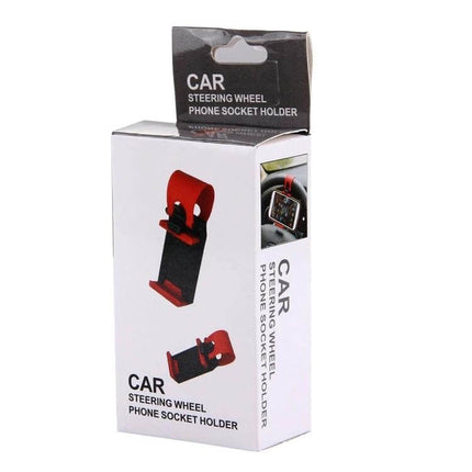 Universal Steering Wheel Phone Mount for Smartphones and Devices — red steering wheel phone holder in retail box, easy attach hands-free GPS use
