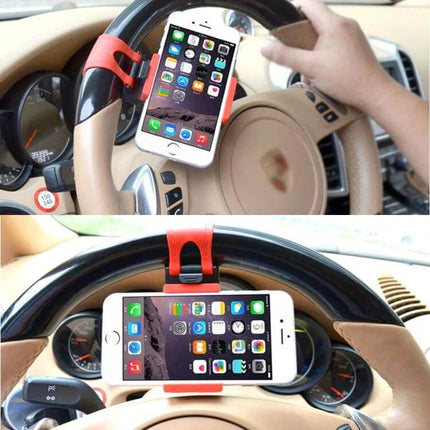 Universal Steering Wheel Phone Mount for Smartphones and Devices securely attached to steering wheel holding smartphone for hands-free GPS