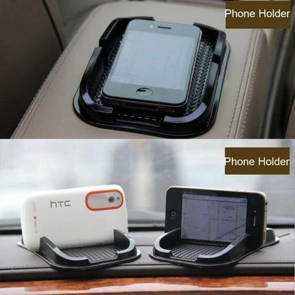 Punctate Black Car Phone Slip Mat for Secure Vehicle Use shown holding two phones on a dashboard to prevent slips and distractions