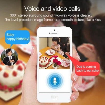 SECTEC Wireless Pan-Tilt Home Security Camera for Monitoring showing mobile app live video feed with two-way voice during a family birthday scene