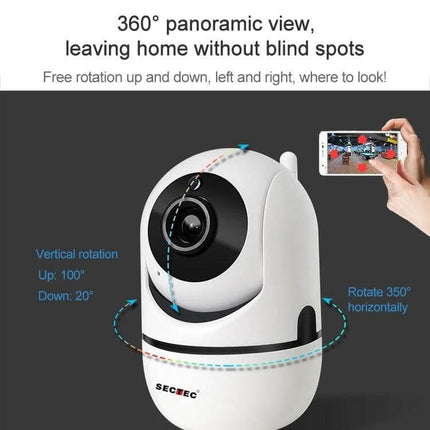 SECTEC Wireless Pan-Tilt Home Security Camera for Monitoring showing 360° panoramic view, 1080P, mobile app live feed and PTZ rotation