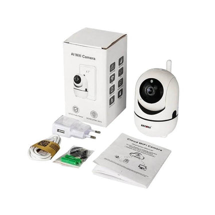 SECTEC Wireless Pan-Tilt Home Security Camera for Monitoring white camera kit with box, USB cable, adapter and manual, 1080P home monitoring