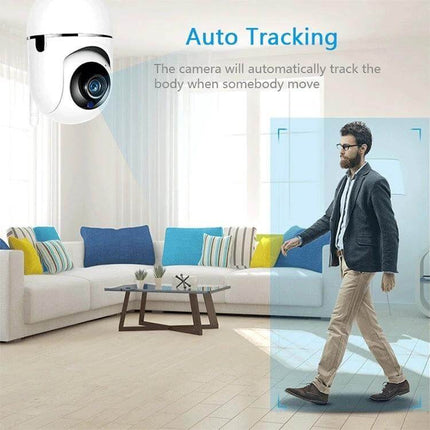 SECTEC Wireless Pan-Tilt Home Security Camera for Monitoring showing auto-tracking of a person walking in a living room, 1080P mobile app access