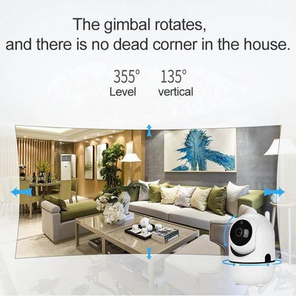 SECTEC Wireless Pan-Tilt Home Security Camera for Monitoring showing 355° horizontal and 135° vertical coverage in living room