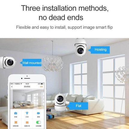 SECTEC Wireless Pan-Tilt Home Security Camera for Monitoring showing three installation methods (wall mounted, hoisting, flat) in bright living room