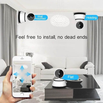 Wireless IP Camera with Night Vision for Home Monitoring showing wall, ceiling and flat placements with smartphone remote view
