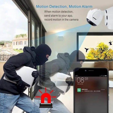 Wireless IP Camera with Night Vision for Home Monitoring detecting intruder through glass, motion alarm sent to smartphone for remote surveillance